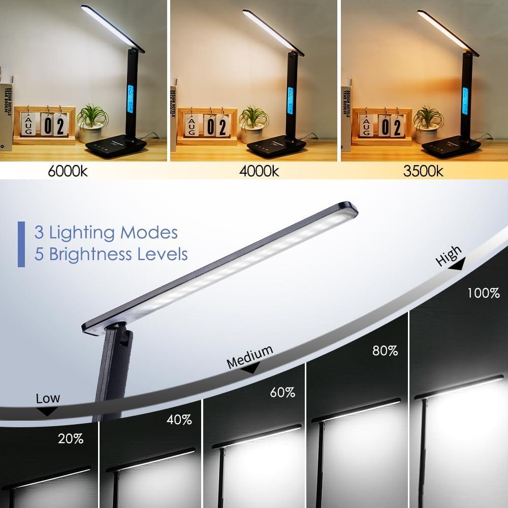 Black Multifunctional LED Desk Lamp with Wireless Charger and Clock