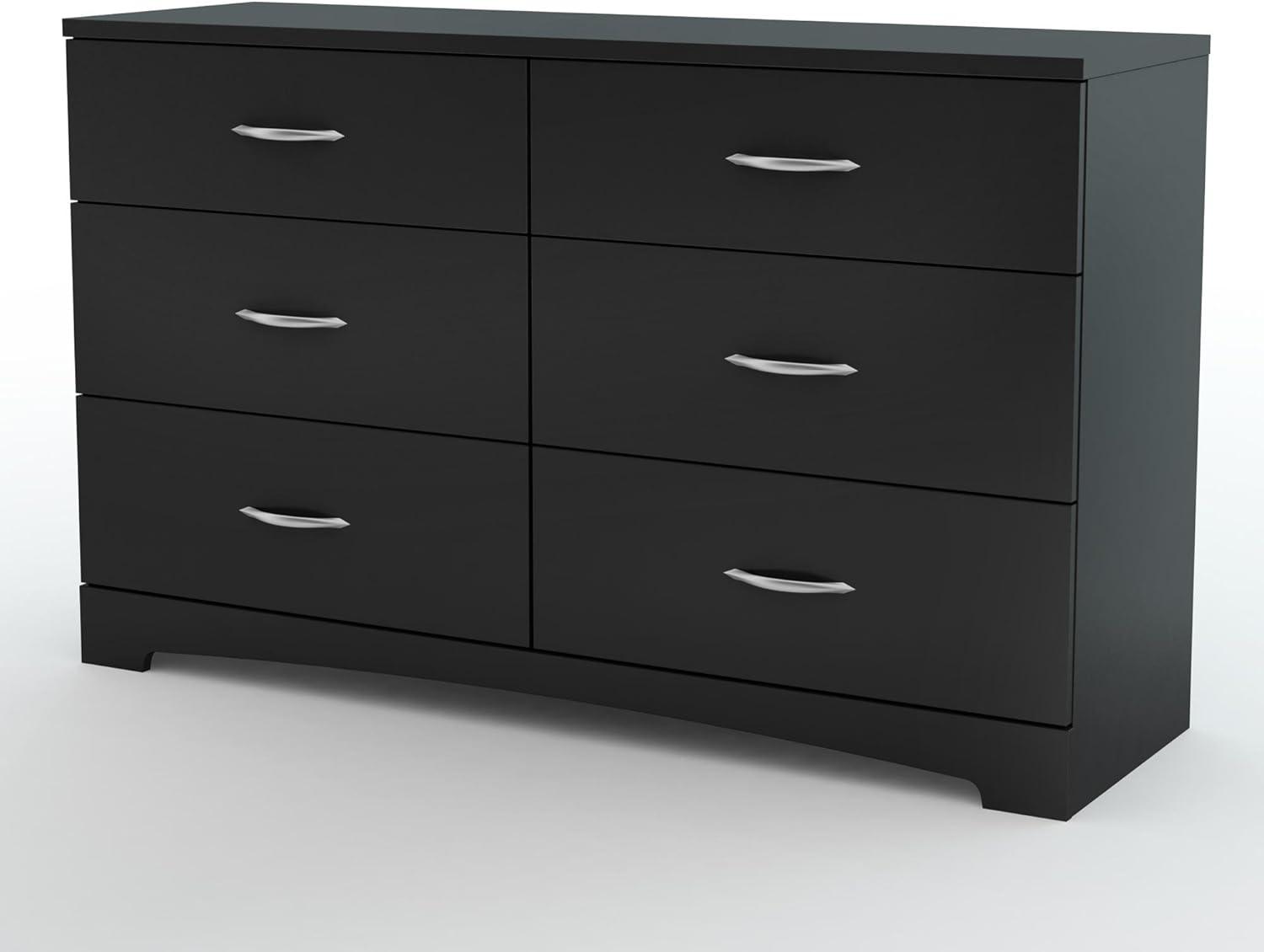 Transitional Pure Black 6-Drawer Double Dresser with Nickel Handles