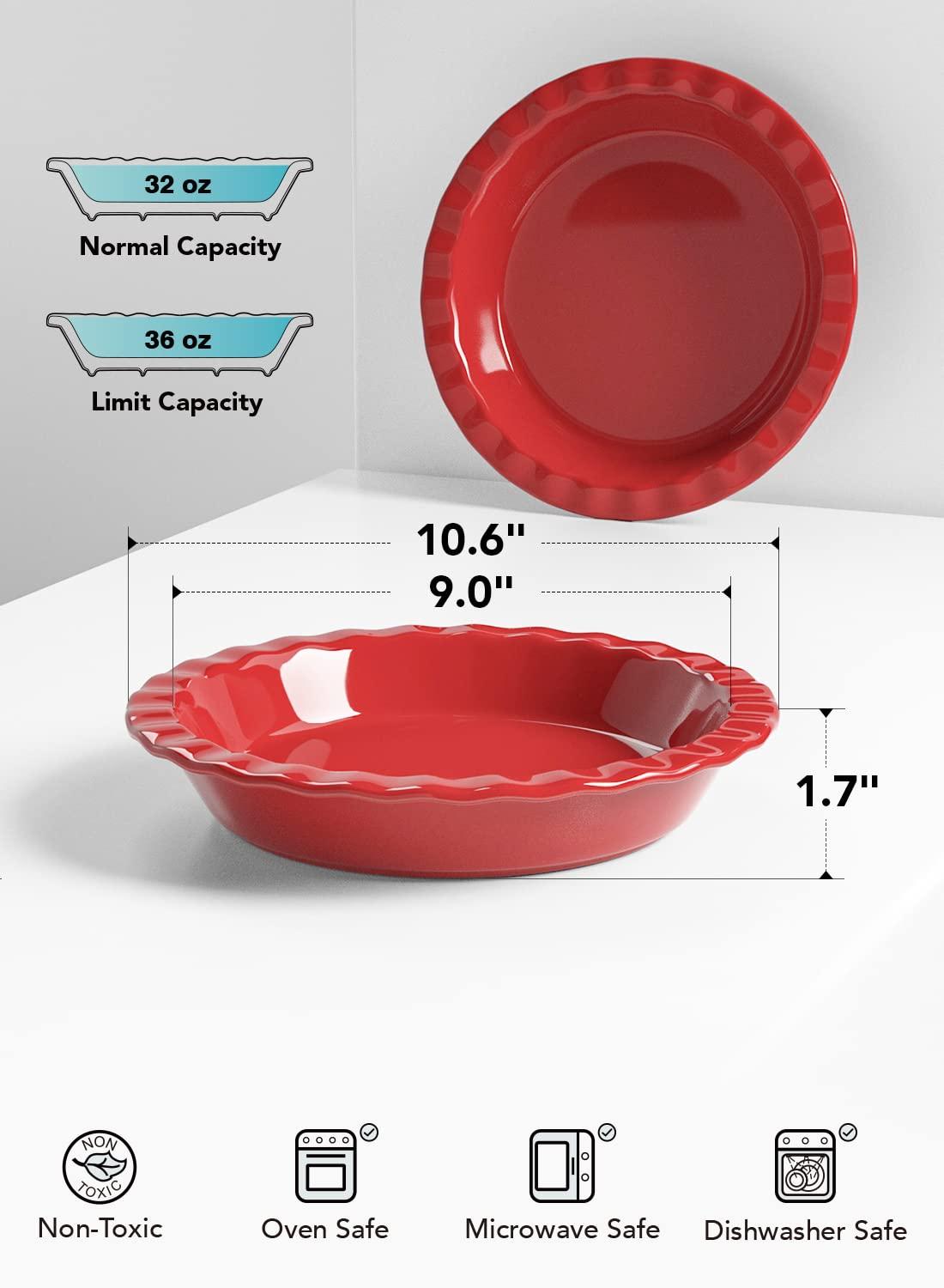 LE TAUCI Ceramic Pie Pans for Baking, 9 Inches Pie Plate for Apple Pie, Pecan Pie, 36 Ounce Deep Dish Pie Pan, Set of 2, Red