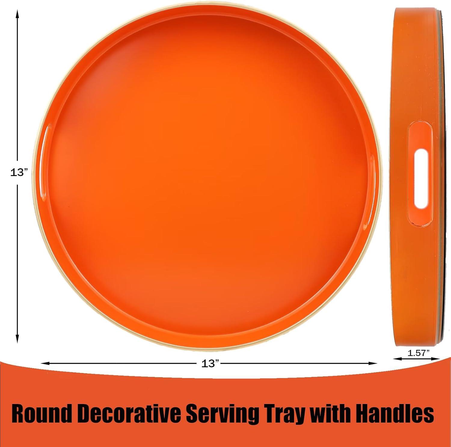 MAONAME 13" Round Tray, Orange Serving Tray with Handles, Modern Decorative Trays for Coffee Table, Plastic Ottoman Trays for Ottoman, Bathroom, Halloween Decor
