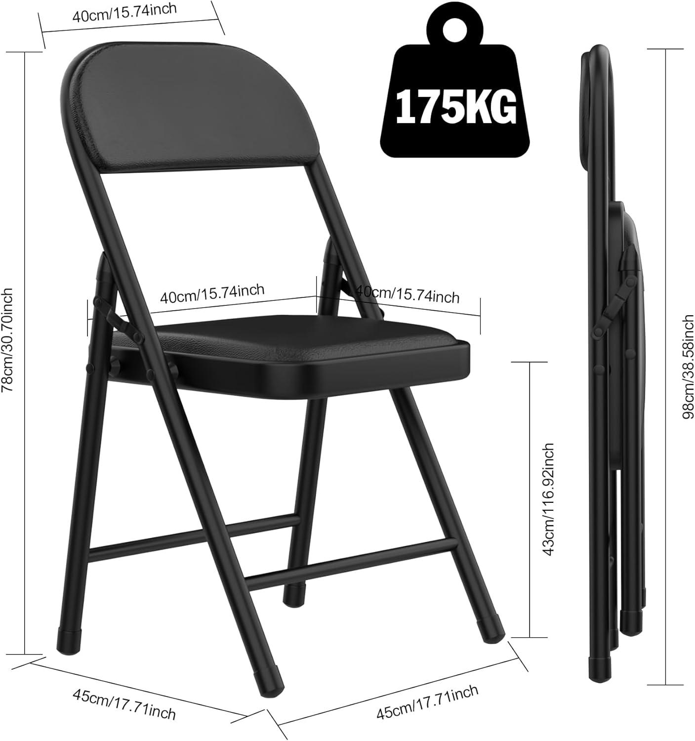 Black Metal Folding Dining Chairs with Cushions, Set of 2