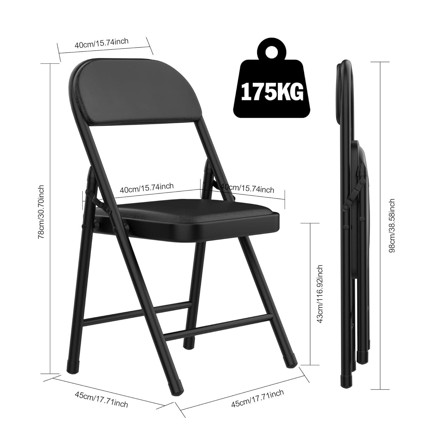 Black Metal Folding Dining Chairs with Cushions, Set of 2