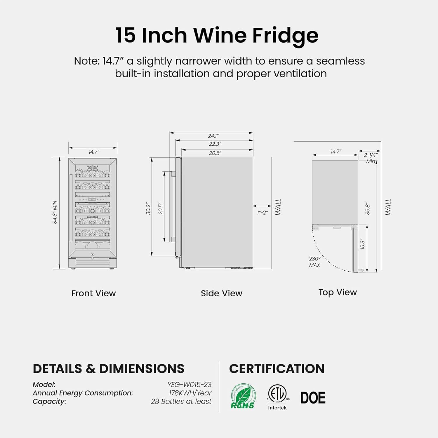 Yeego Yeego 28 Bottles 15" Dual Zone Wine Cooler Under Counter Compressor Wine Refrigerator