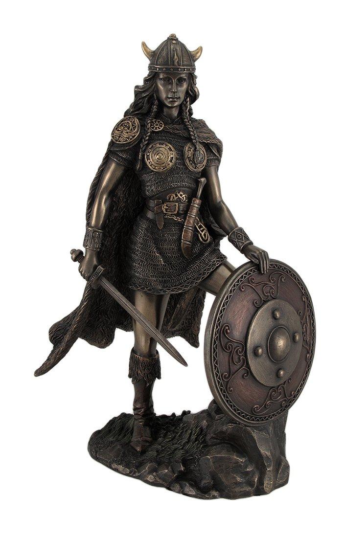 Bronze Finished Viking Shieldmaiden Statue with Sword and Shield