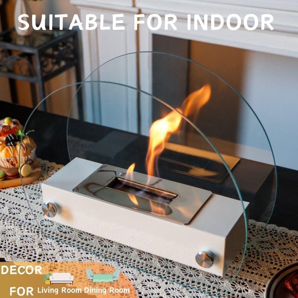 13.5" White Glass and Steel Portable Tabletop Fireplace