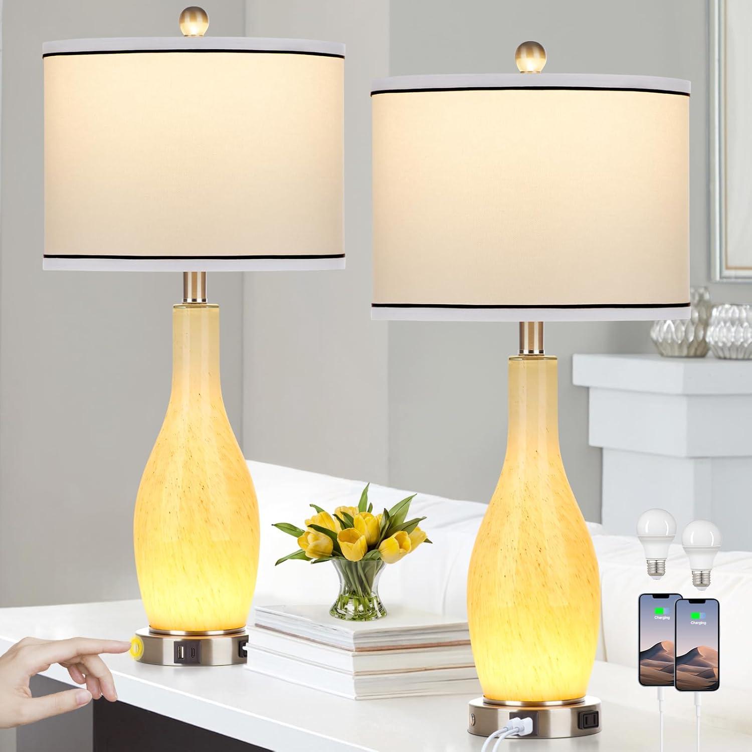 Ivy Bronx 27" Glass Table Lamps Set Of 2 With Nightlight, 3 Way Touch Control Modern Bedside Lamps With USB A+C Ports & AC Outlet, Boho Yellow Nightstand Lamps For Bedroom Living Room
