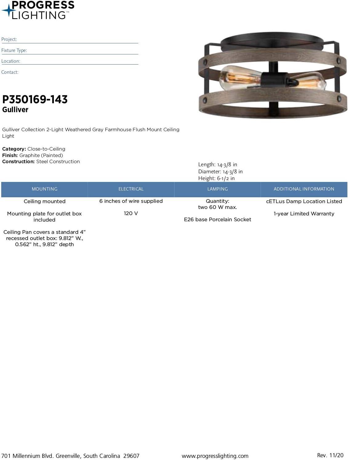 Progress Lighting Gulliver 2-Light Flush Mount Ceiling Light, Graphite, Open-Cage Design, Faux-Wood Finish