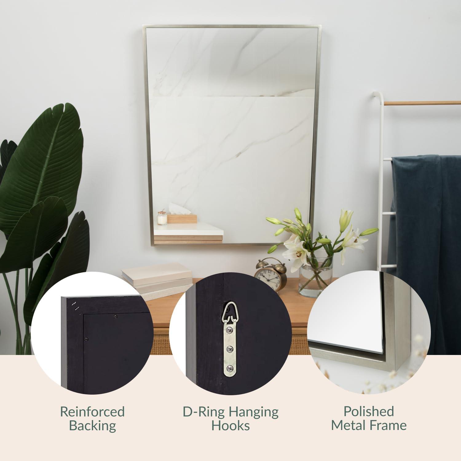 Hamilton Hills 24x36"" Brushed Silver Wall Mirror | Rectangular Metal Frame Vanity Glass