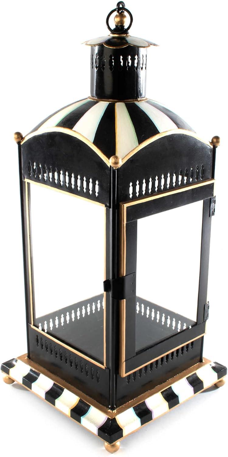 Large Black and White Striped Glass Candle Lantern