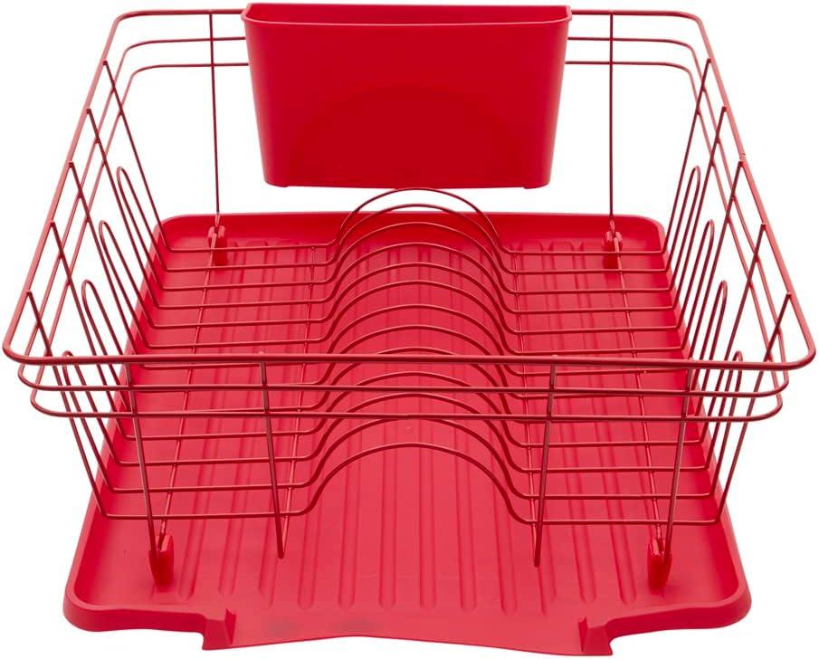 Red Metal Single Tier Dish Rack with Utensil Cup