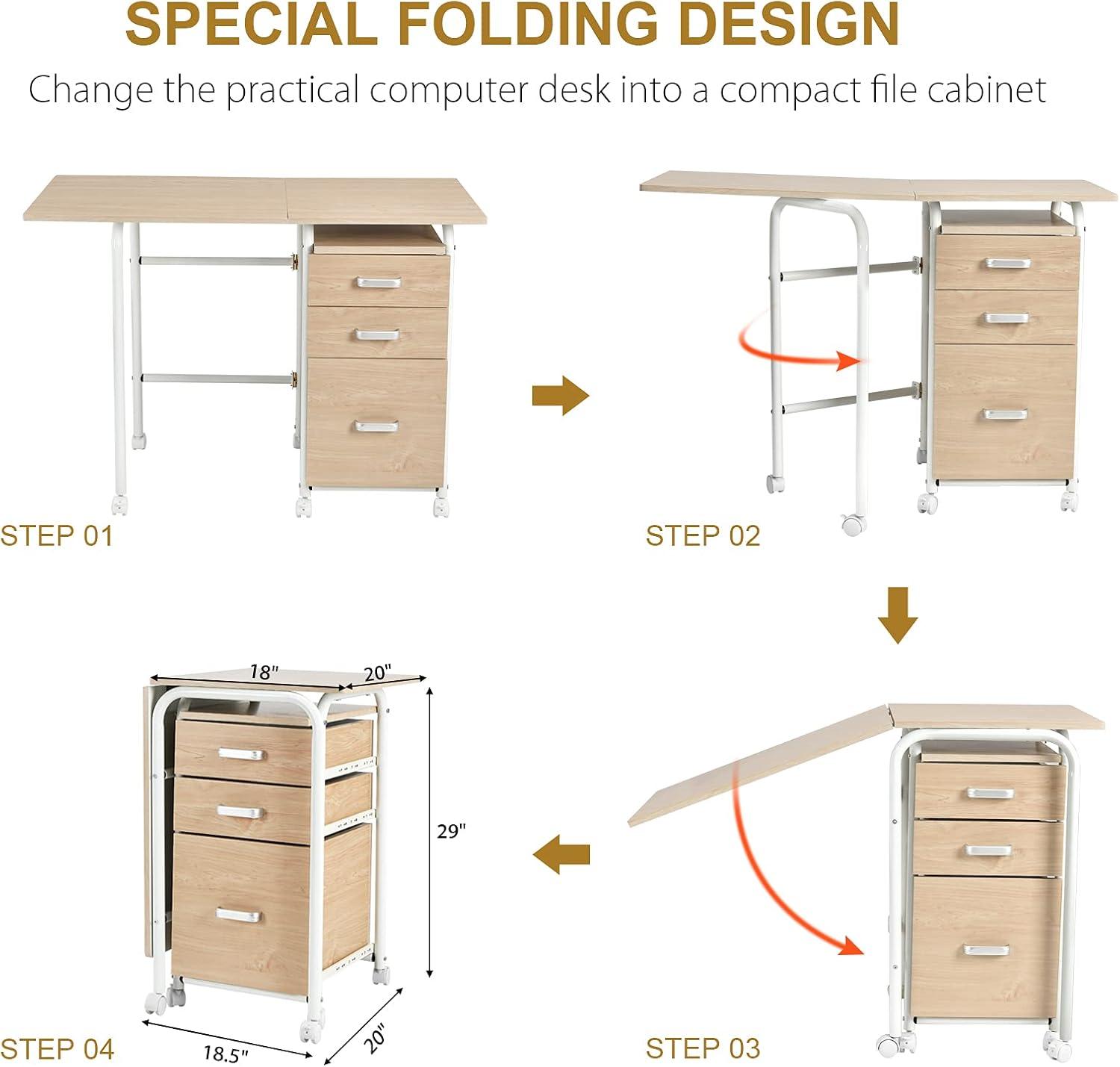 Gymax Folding Computer Laptop Desk Wheeled Home Office Furniture With 3 Drawers