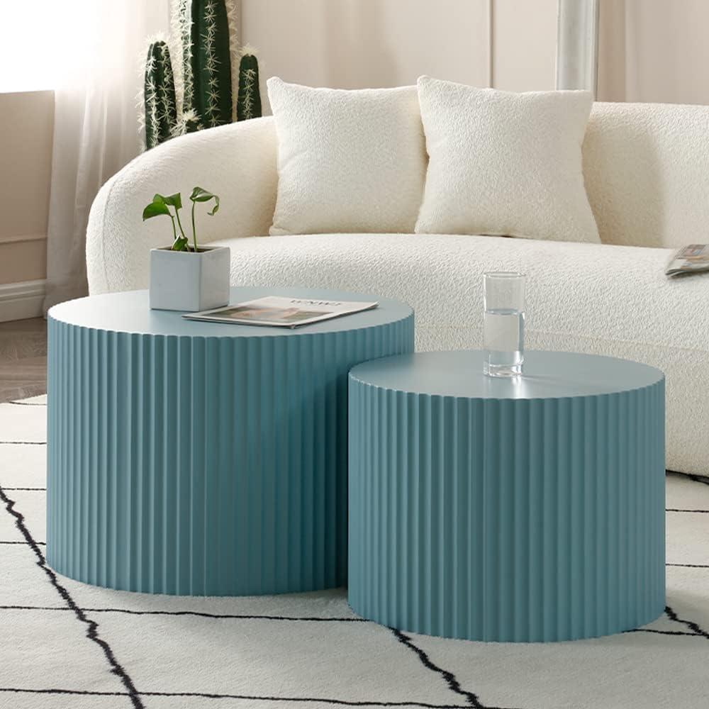 Blue Round Wooden Nesting Coffee Table Set