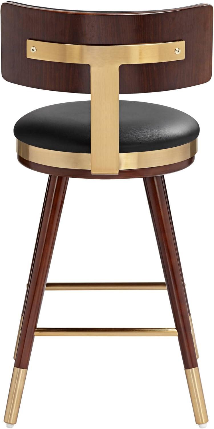 Studio 55D Walnut Bar Stool Brown 25 1/2" High Mid Century Black Leather with Backrest for Kitchen Counter Height Island