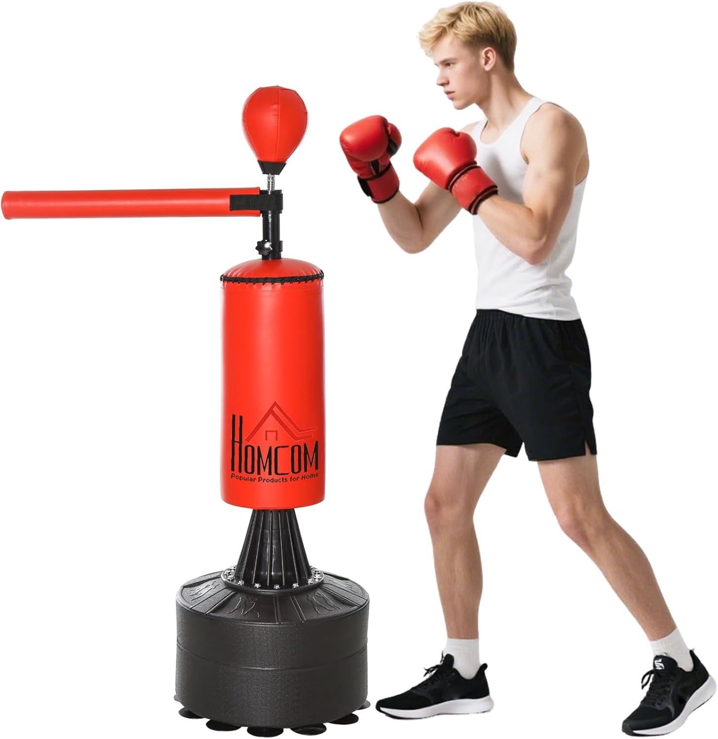 Soozier Boxing Speed Punch Bag Freestanding with Reflex Bar and Gloves Rotating Flexible Arm, Speed Ball, Waterable Base for Adult & Kids, Red