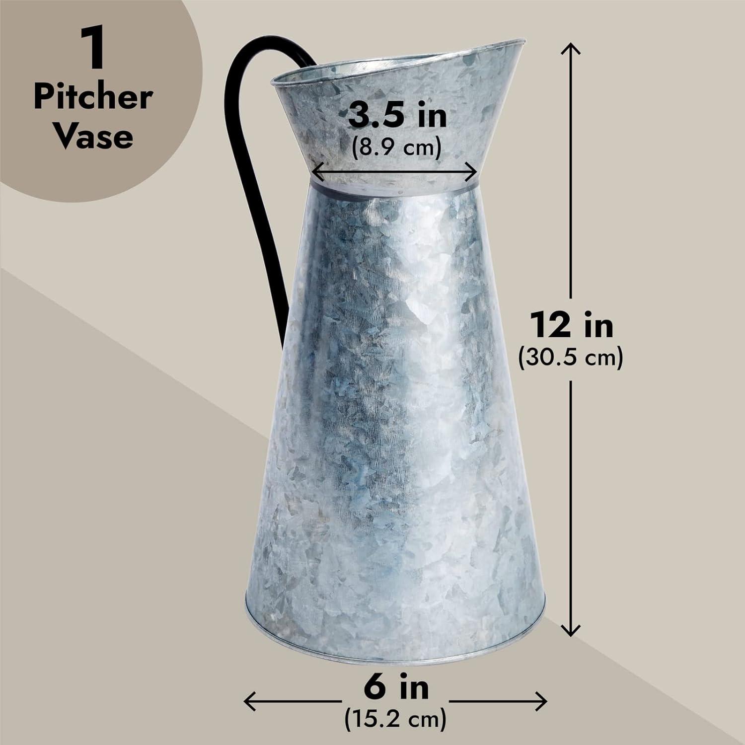 Rustic Galvanized Metal Pitcher Vase with Handle, 12 Inches