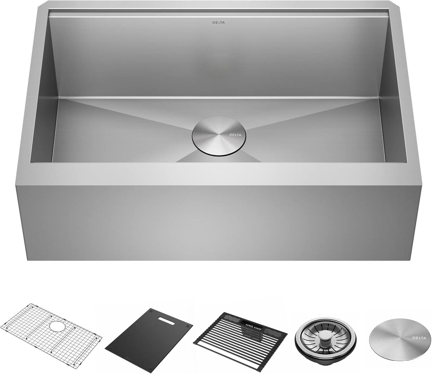 Delta Rivet™ 30" L Workstation Farmhouse Apron Front Kitchen Sink Undermount 16 Gauge Stainless Steel Single Bowl