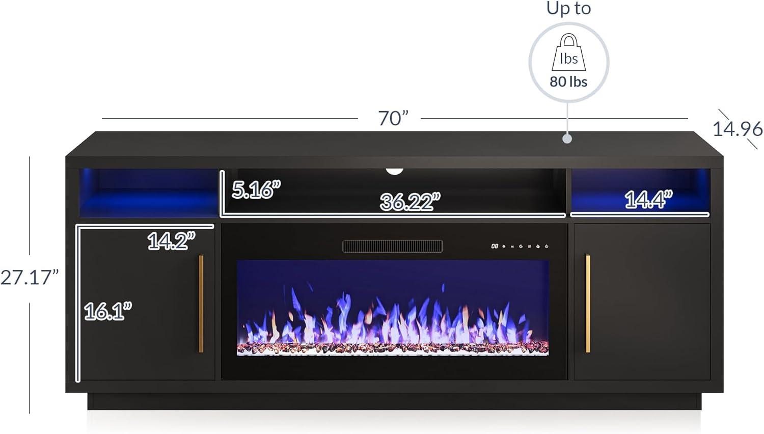 BELLEZE Fireplace TV Stand for TVs Up To 75", Entertainment Center with 36" Electric Fireplace, LED Ambient Lighting, and Storage, Media Console Table 69 Inch - Avenue (Black)