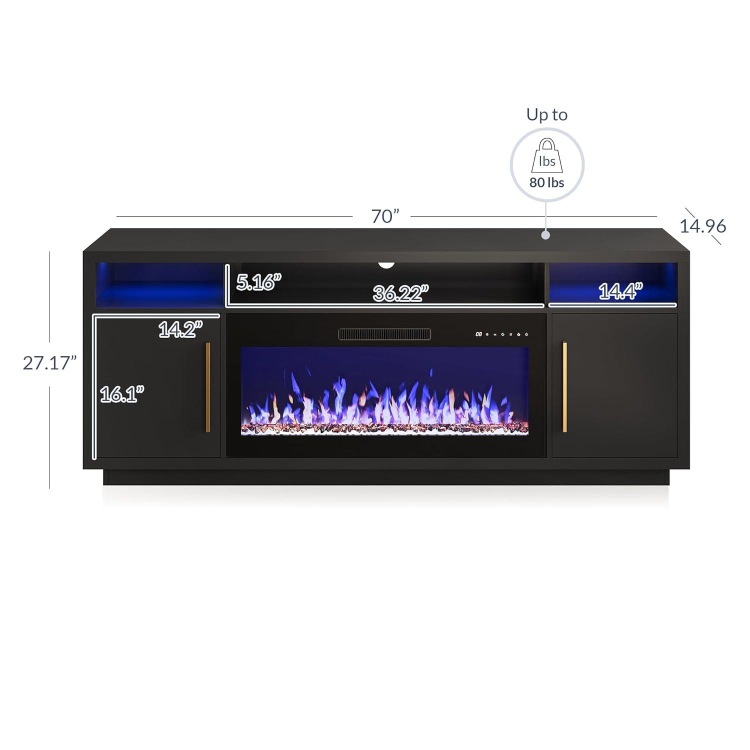 BELLEZE Fireplace TV Stand for TVs Up To 75", Entertainment Center with 36" Electric Fireplace, LED Ambient Lighting, and Storage, Media Console Table 69 Inch - Avenue (Black)