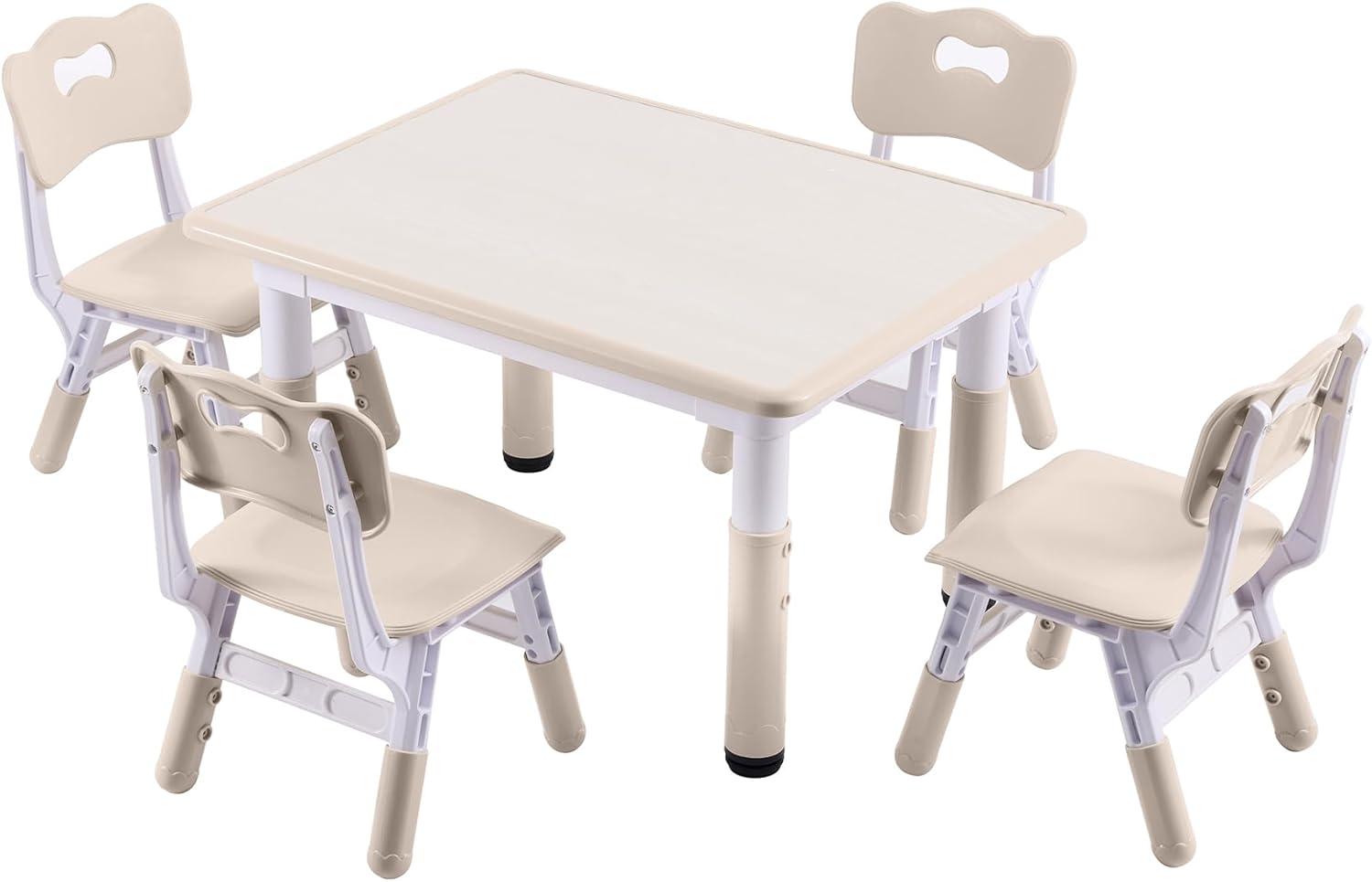 Height-Adjustable Kids Table and 4 Chairs Set, Toddler Table and Chair Set with Graffiti Desktop, 31.5''L x 23.6''W Children Activity Table for Daycare, Classroom, Home