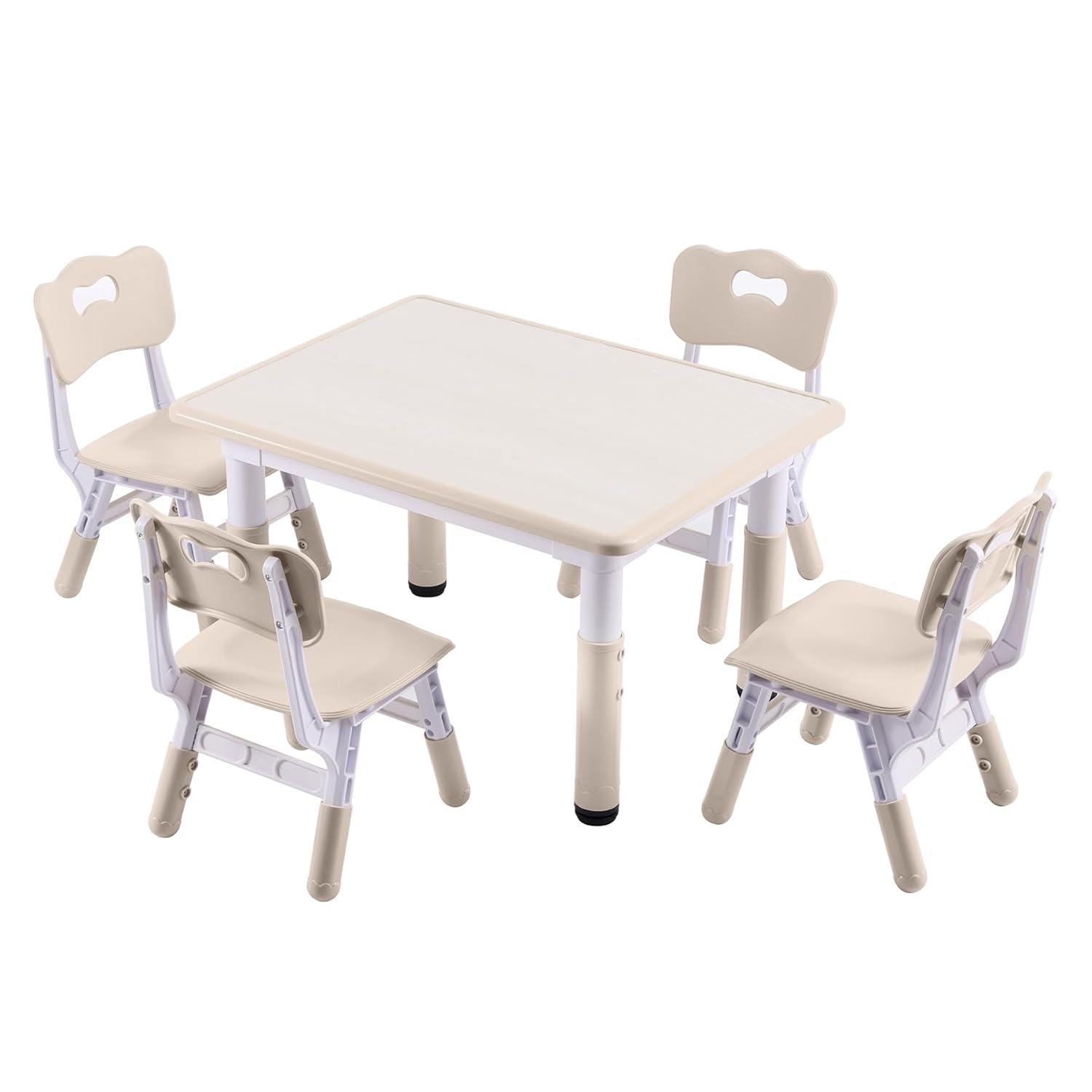 Height-Adjustable Kids Table and 4 Chairs Set, Toddler Table and Chair Set with Graffiti Desktop, 31.5''L x 23.6''W Children Activity Table for Daycare, Classroom, Home