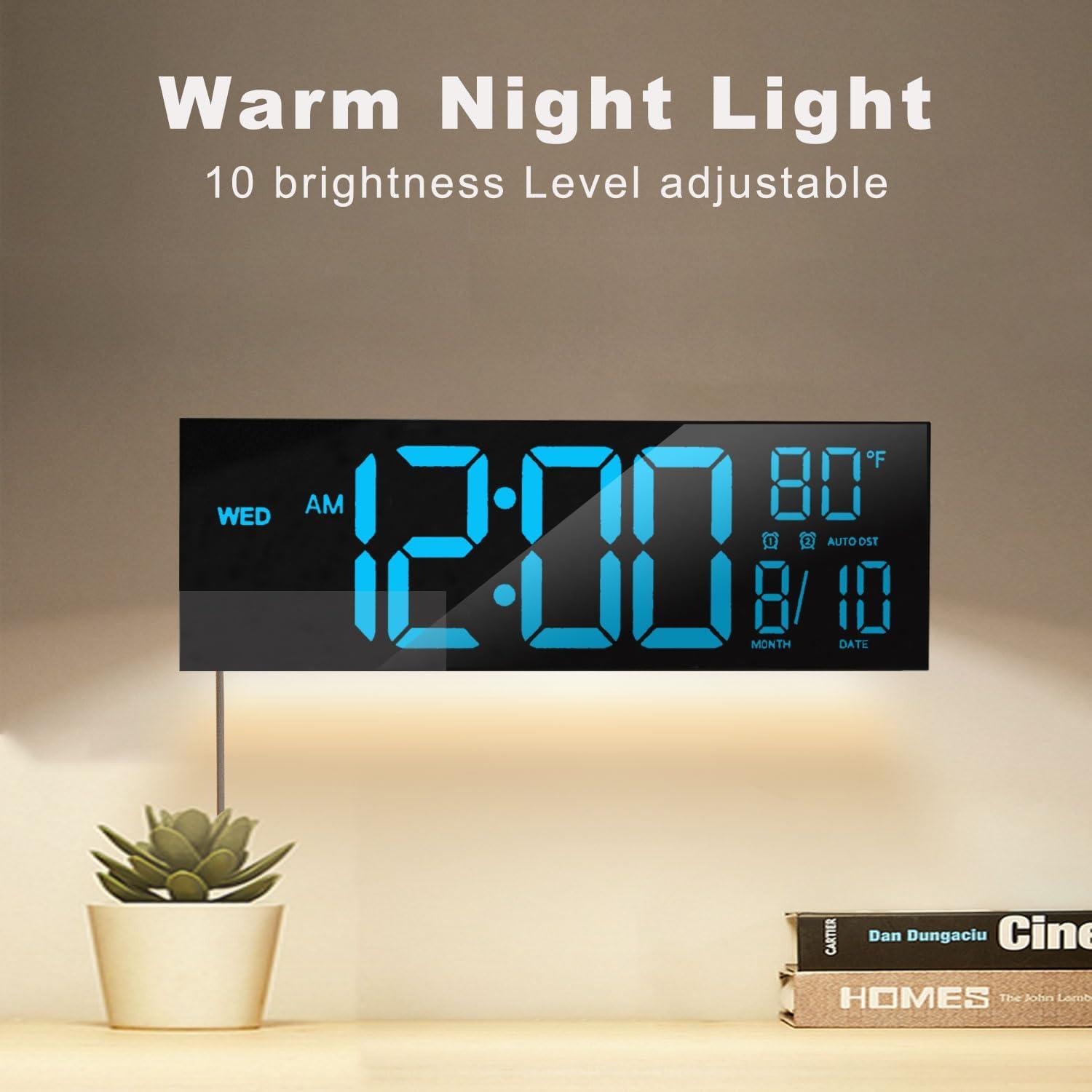 JALL 10.5" Digital Clock with Large Display, Calendar Day and Date, DST, Temperature, Dual Alarms, for Desk, Wall Mounted, Living Room, Bedroom, Gift for Elderly, Seniors, Dementia