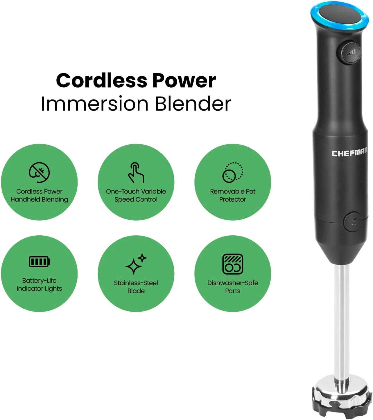 Chefman Cordless Handheld Immersion Blender, Variable Speed, Stainless-Steel Blade, Black