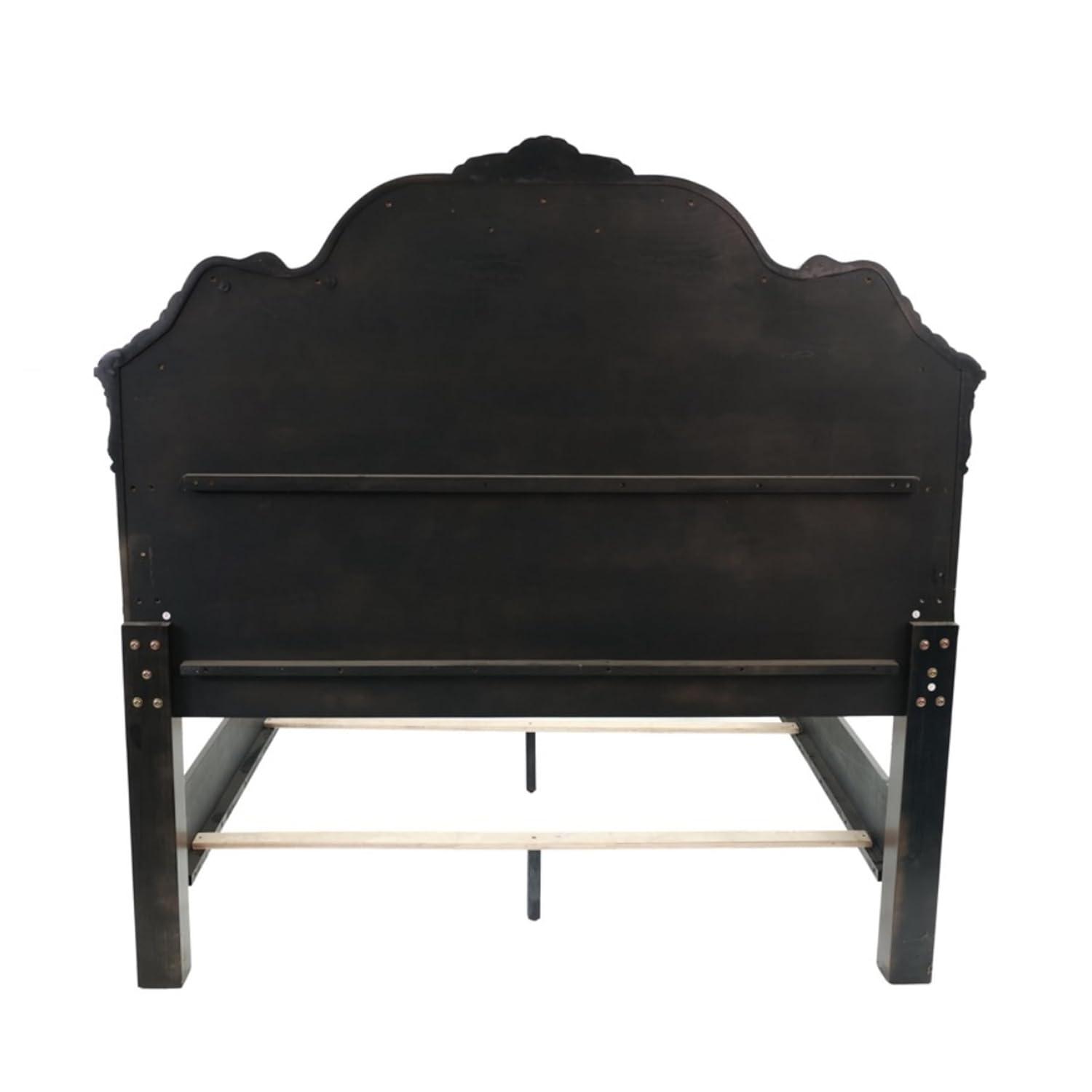 Splendidly Carved Queen Wooden Bed, Dark Walnut And Veneer Finish