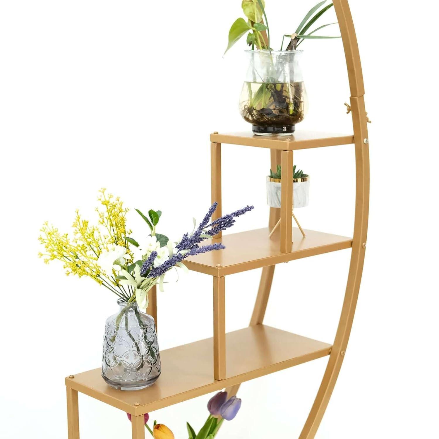 Efavormart 4.5ft Gold Metal 4-Tier Half Moon Plant Shelf Rack With Hanging Hooks, Cupcake Dessert Display Stand