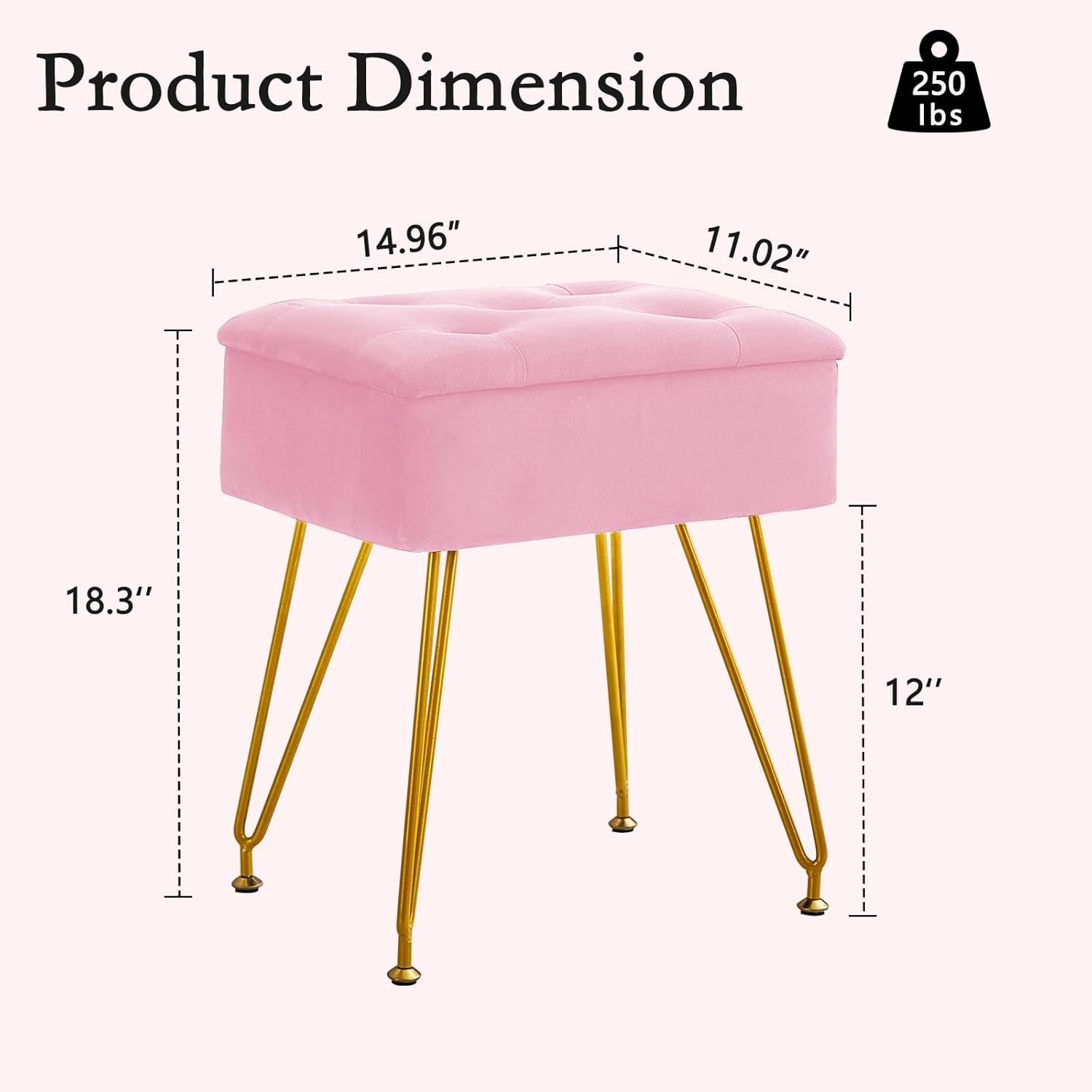 Vanity Stool Chair with Storage, Square Velvet Makeup Vanity Chair with Metal Legs & Adjustable Gold Feet, Flip Top Ottoman Foot Rest with Soft Padded Seat for Bedroom Living Room, Black