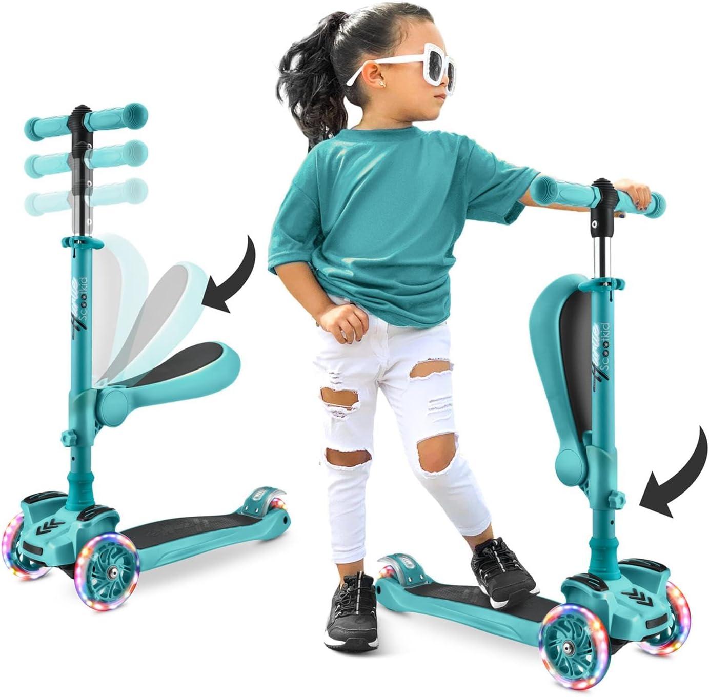 Hurtle ScootKid 3-Wheel Toddler Toy Scooter with LED Lights, Ages 1+, Fold-Out Seat