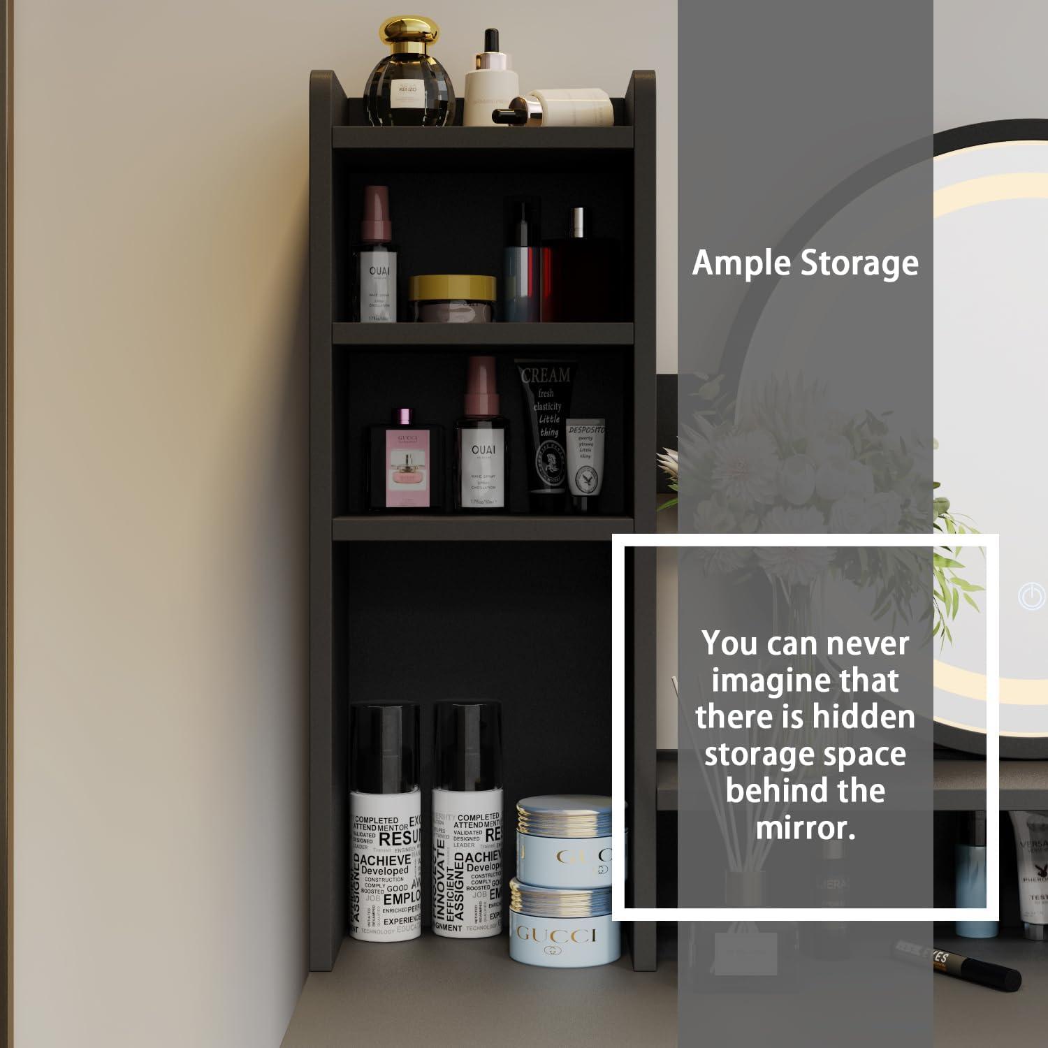 FUFU&GAGA Black Vanity Set with Round Lighted Mirror, Makeup Vanity Dressing Table with 5 Drawers, Shelves, Dresser Desk and Cushioned Stool