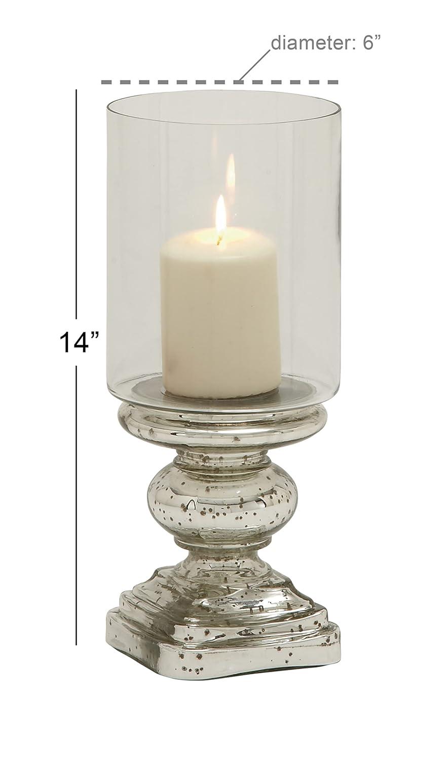 DecMode Silver Glass Handmade Turned Style Pillar Hurricane Lamp with Faux Mercury Glass Finish
