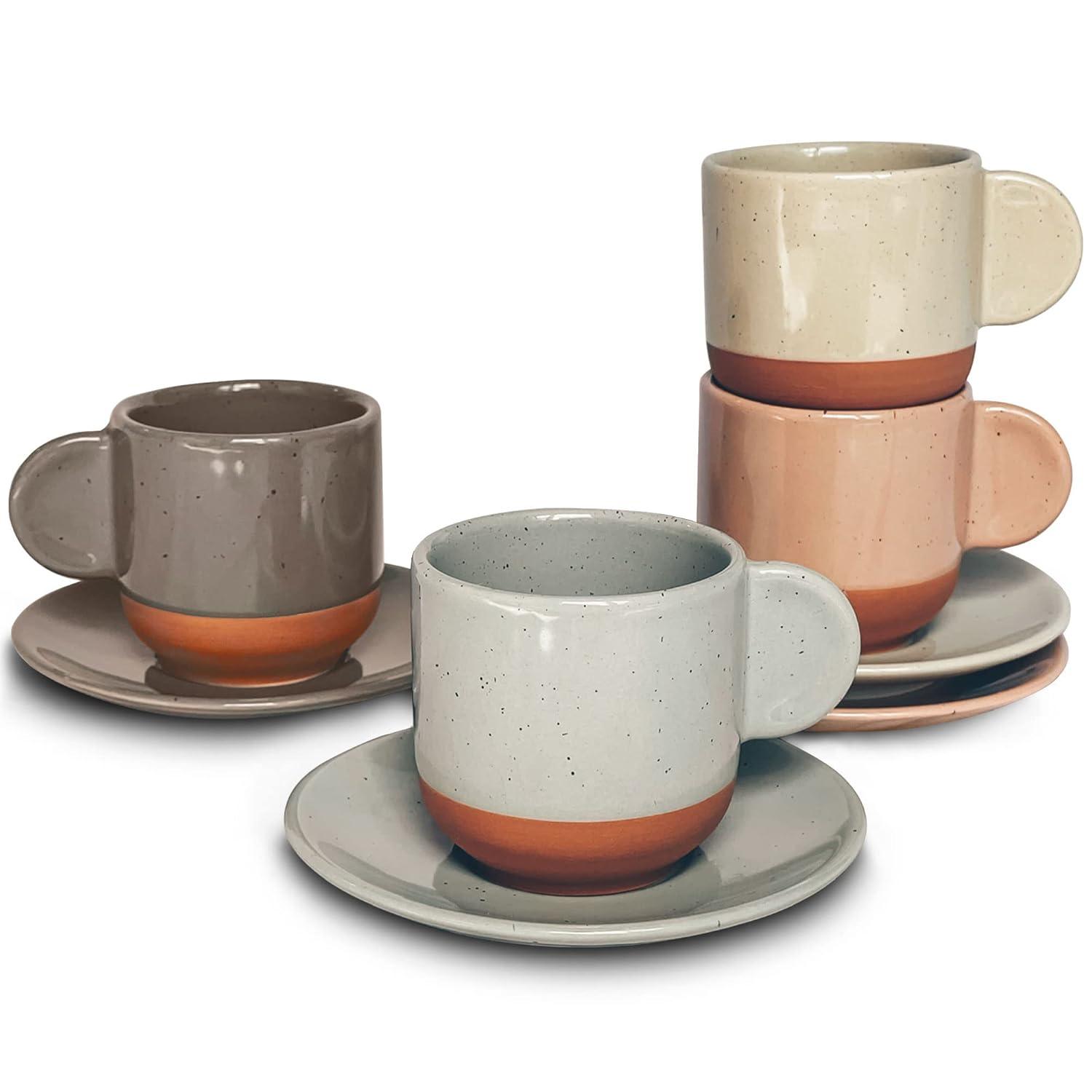 Mora Ceramic Mini Espresso Cups Set of 4, 3oz - Tiny Italian Inspired Mugs With Saucers For Small Shots of Coffee - Modern Boho Style For Any Kitchen or Cafe. Microwave Safe Porcelain - Asstd Neutrals