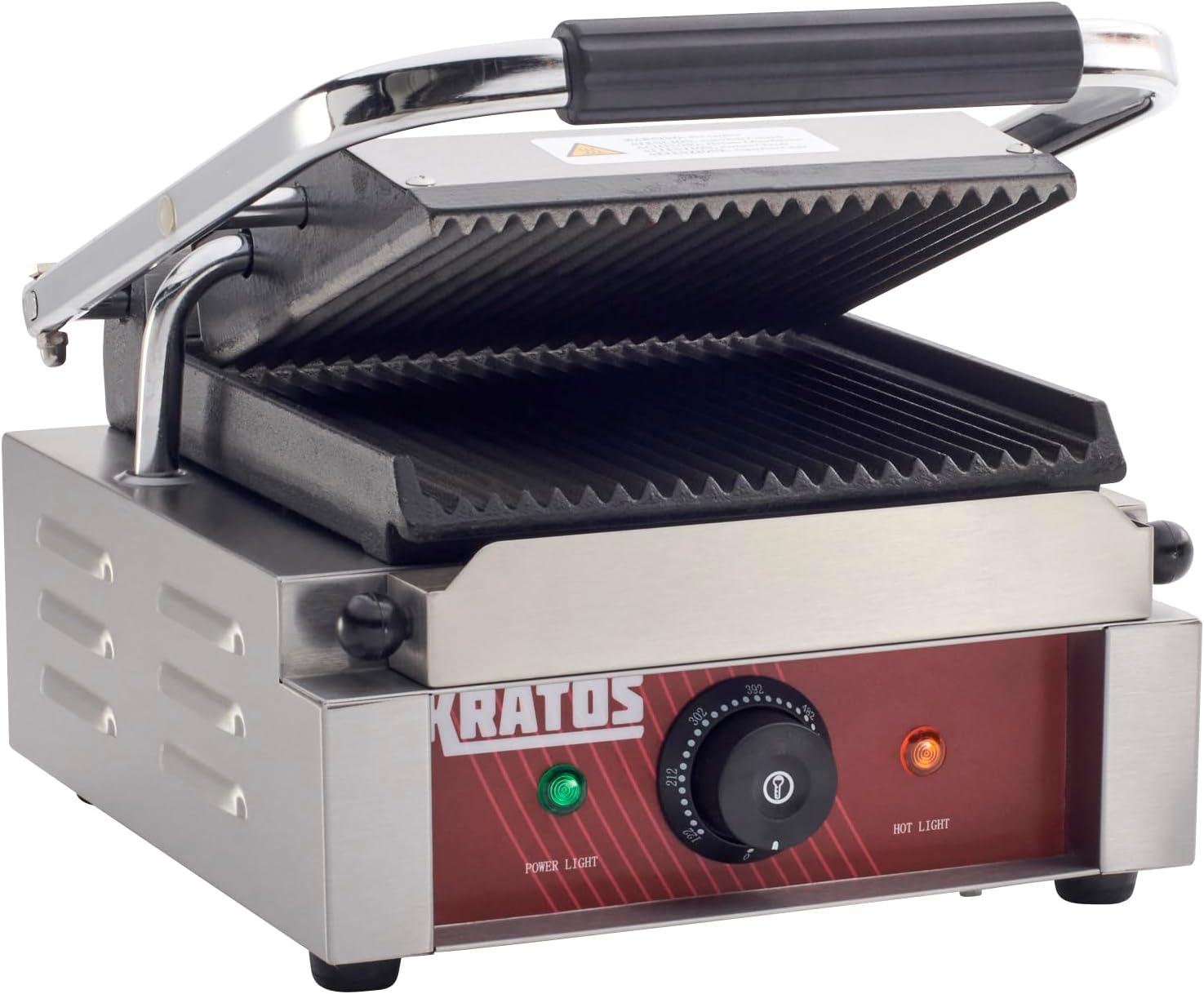 Kratos Commercial Electric Panini Sandwich Grill with Grooved Plates, 9" x 9" Cooking Surface, Commercial Countertop Panini Press, 120V, 1750W (29Y-017)