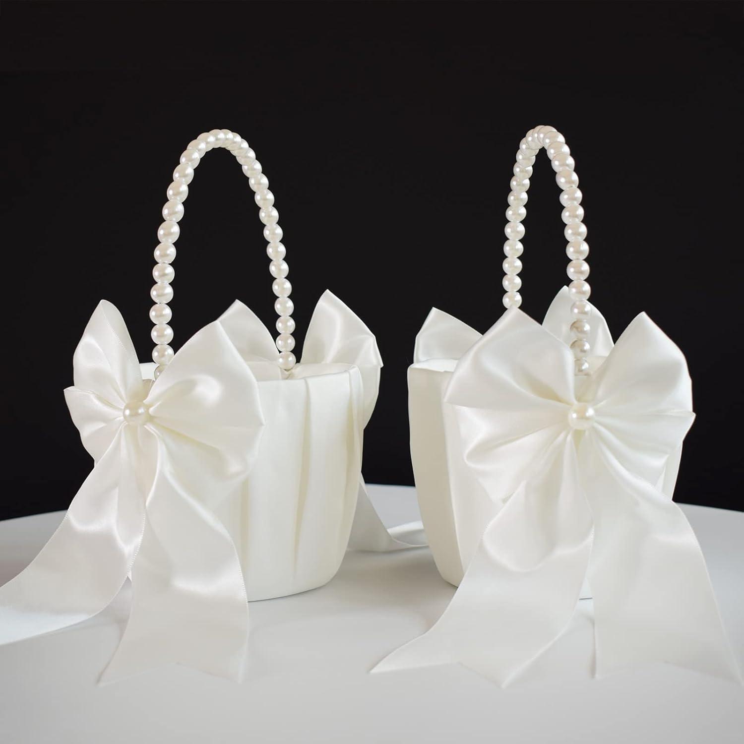 2 PCS Flower Girl Baskets Set- Cute Cherish Wedding Flower Baskets (Ivory)