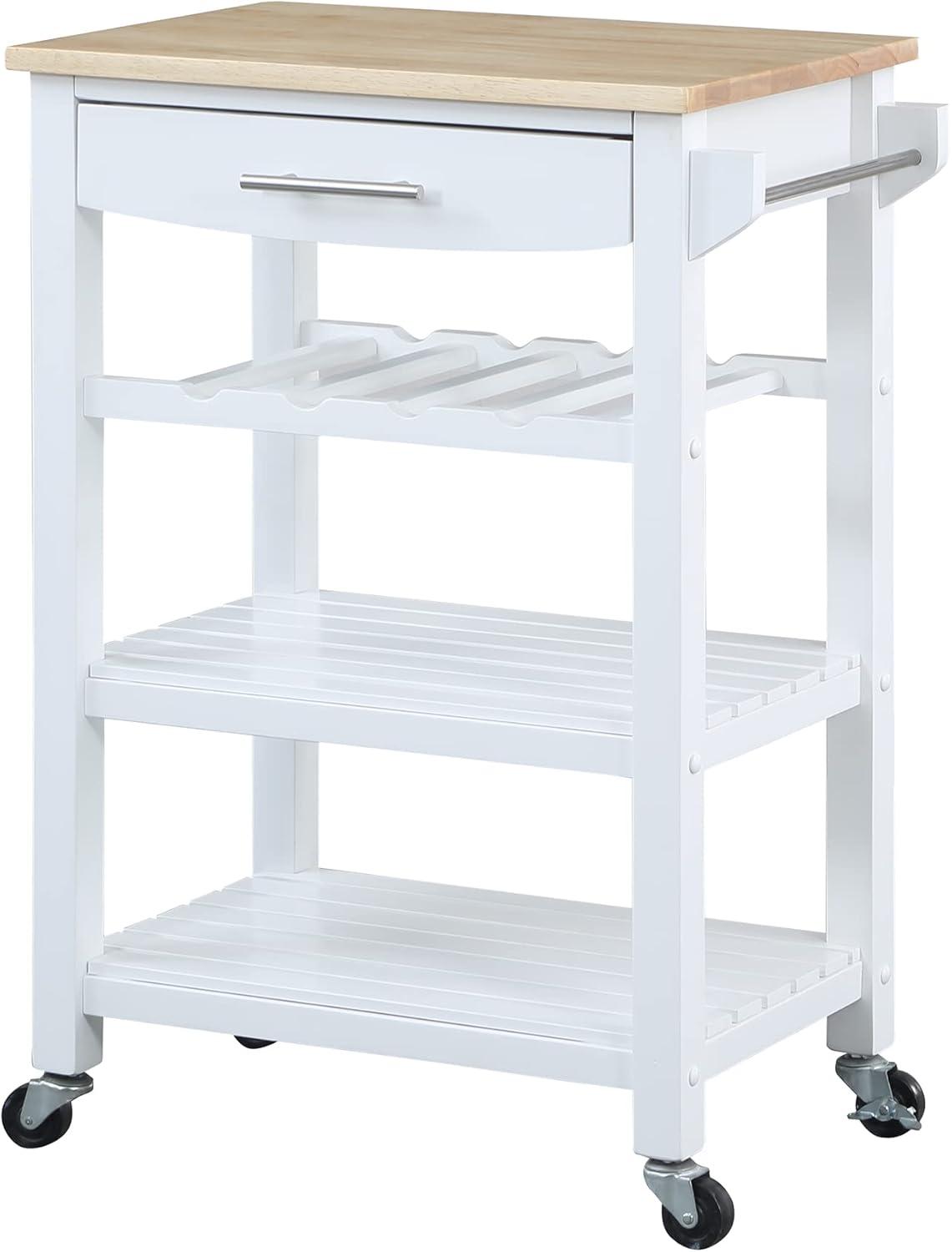 Convenience Concepts Ellaine 4 Tier Butcher Block Kitchen Cart with Drawer and Wine Rack, White/Butcher Block