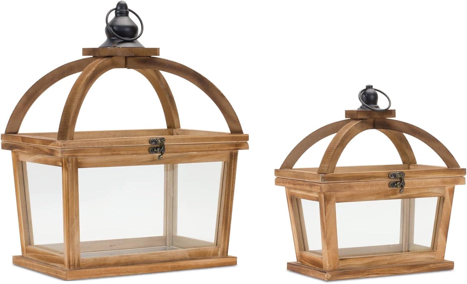 Natural Wood and Glass Tapered Candle Lantern Set