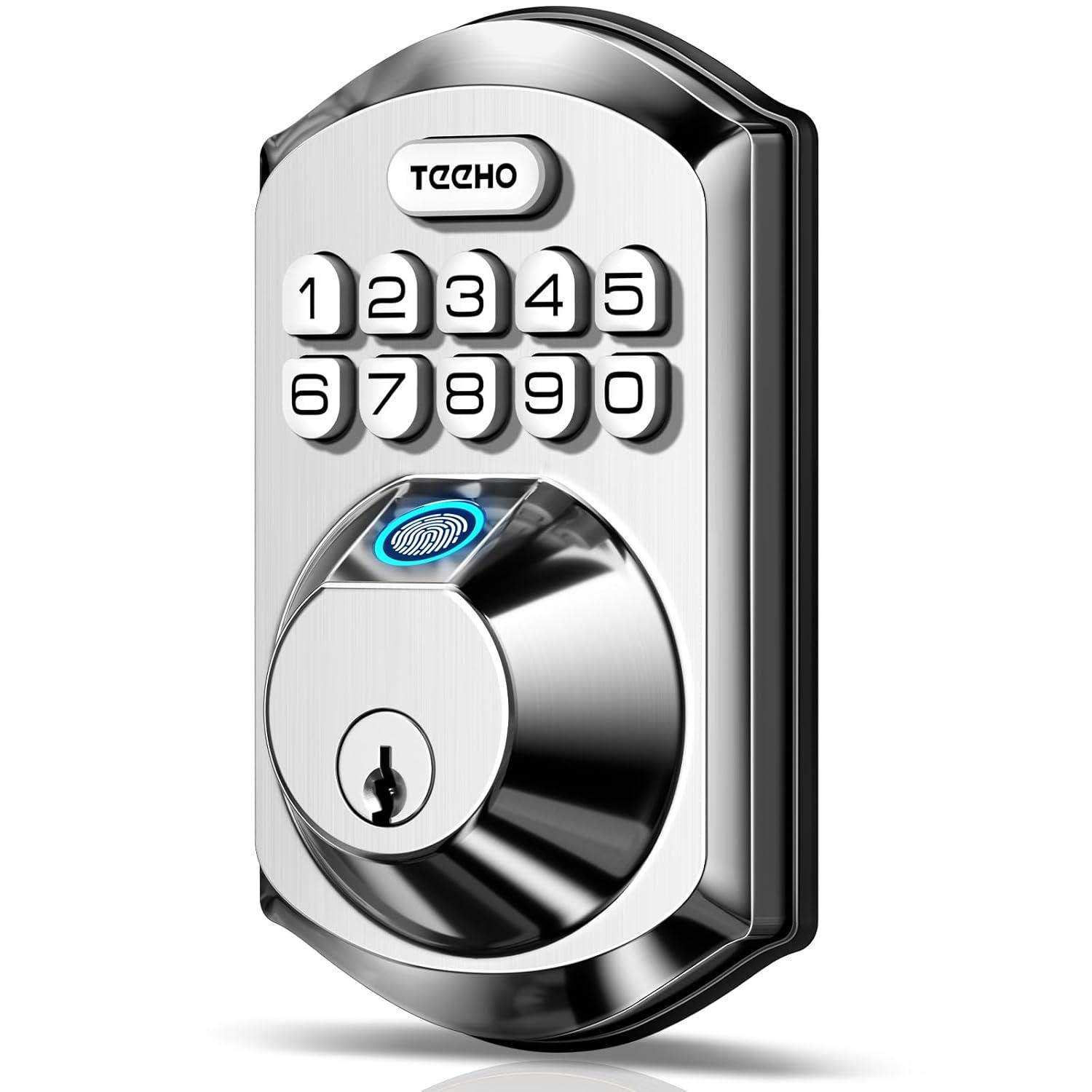 TEEHO Fingerpint Keyless Entry Keypad, Smart Digital Deadbolt Door Lock for Front Door, Remotely Share Temporary PIN Code, Easy Installation-Satin Nickel