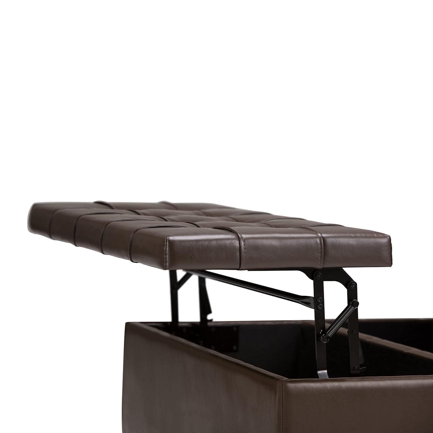 Simpli Home Harrison 36"W Upholstered Square Coffee Table Storage Ottoman with Split Lift Top