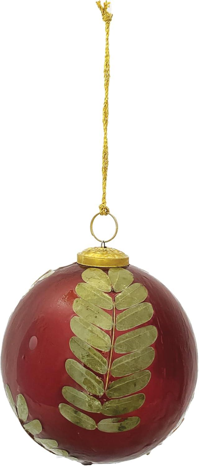 Red and Gold Glass Ornament with Eucalyptus Leaves