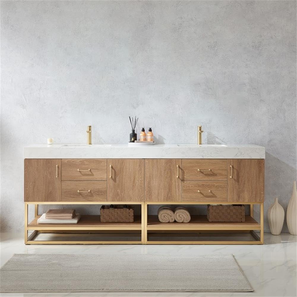 Vinnova Alistair 84" White Stone Top Oak Double Vanity Gold Frame w/o Mirror