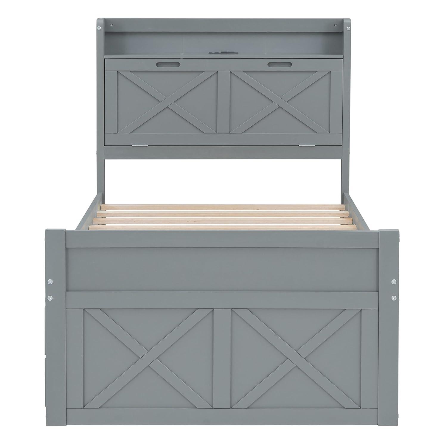 Gray Twin Wood Bed with Storage Drawers and Trundle