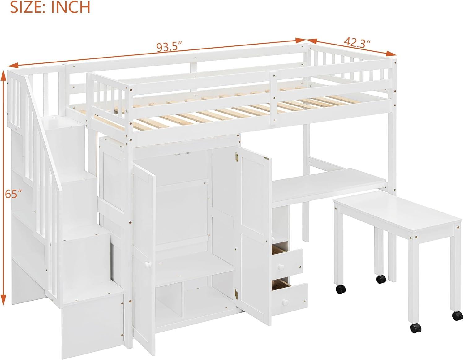 Harper & Bright Designs Twin Size Loft Bed with Stairs and Bookshelf, Wood Twin Storage Bed with Desk & Wardrobe, Space-Saving Multifunctional Furniture for Kids & Teens - White