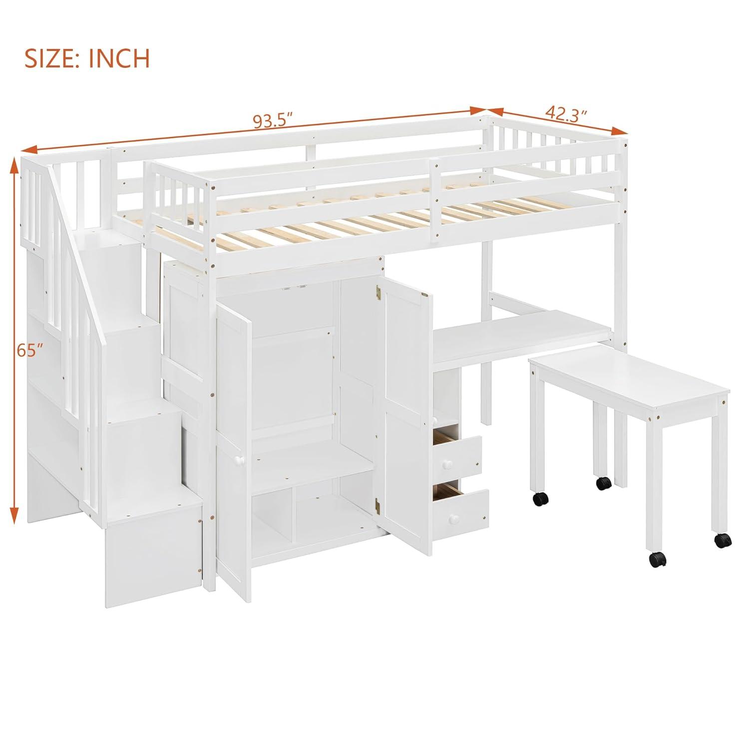 Harper & Bright Designs Twin Size Loft Bed with Stairs and Bookshelf, Wood Twin Storage Bed with Desk & Wardrobe, Space-Saving Multifunctional Furniture for Kids & Teens - White