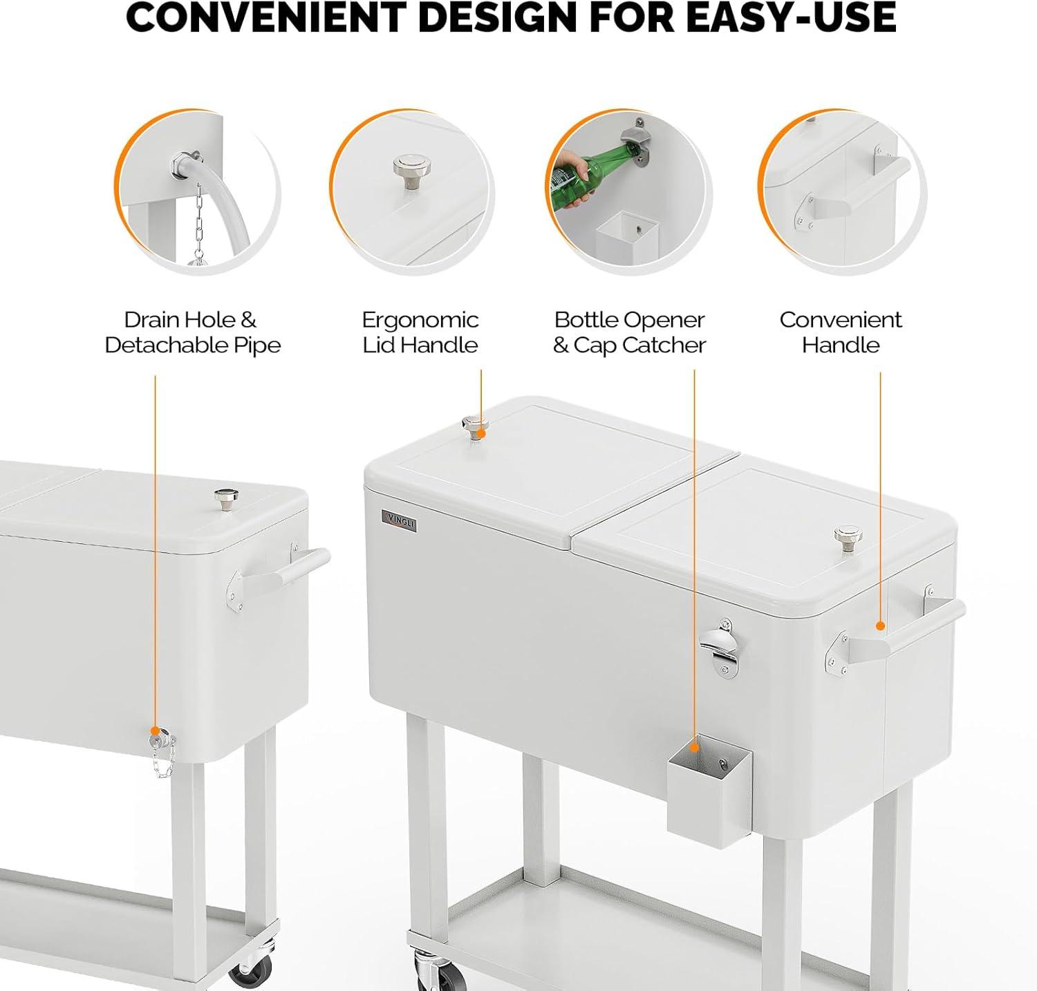 White Iron Rolling Cooler Cart with Shelf and Bottle Opener