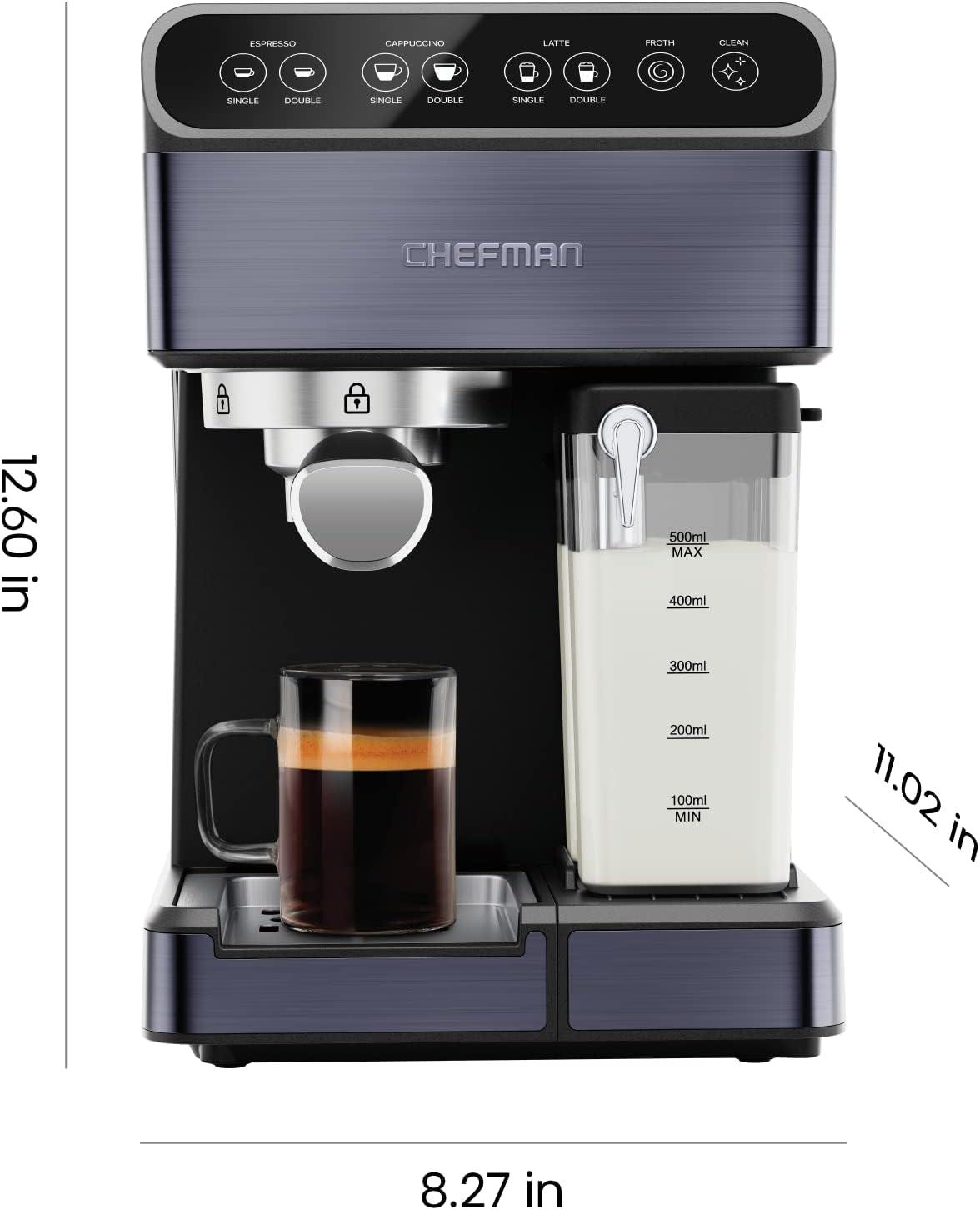 Chefman Barista Pro Plus Espresso Machine w/ Milk Frother, 20 Bar Pump, Black Stainless Steel