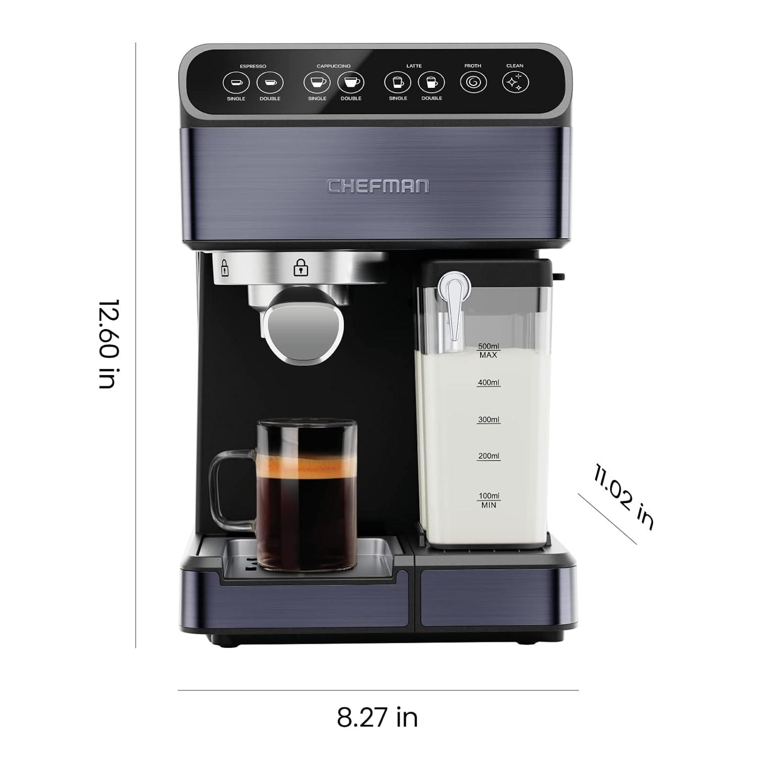 Chefman Barista Pro Plus Espresso Machine w/ Milk Frother, 20 Bar Pump, Black Stainless Steel