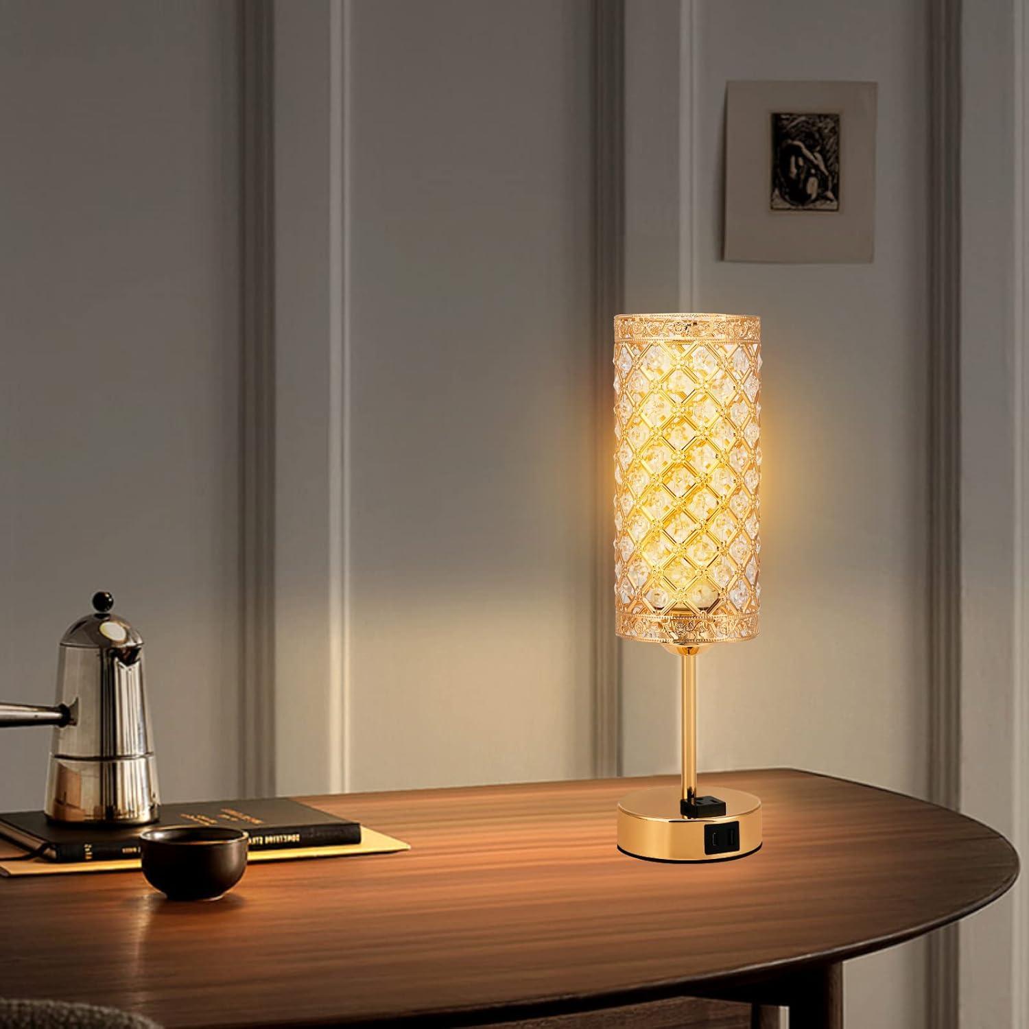 USB Crystal Table Lamp, Gold Table Lamp USB A+C Charging Ports&Multiple Outlet,3 Way Dimmable Bedside Lamp Decorative Modern Nightstand Lamp with Bulb for Living Room Bedroom Sofa Table