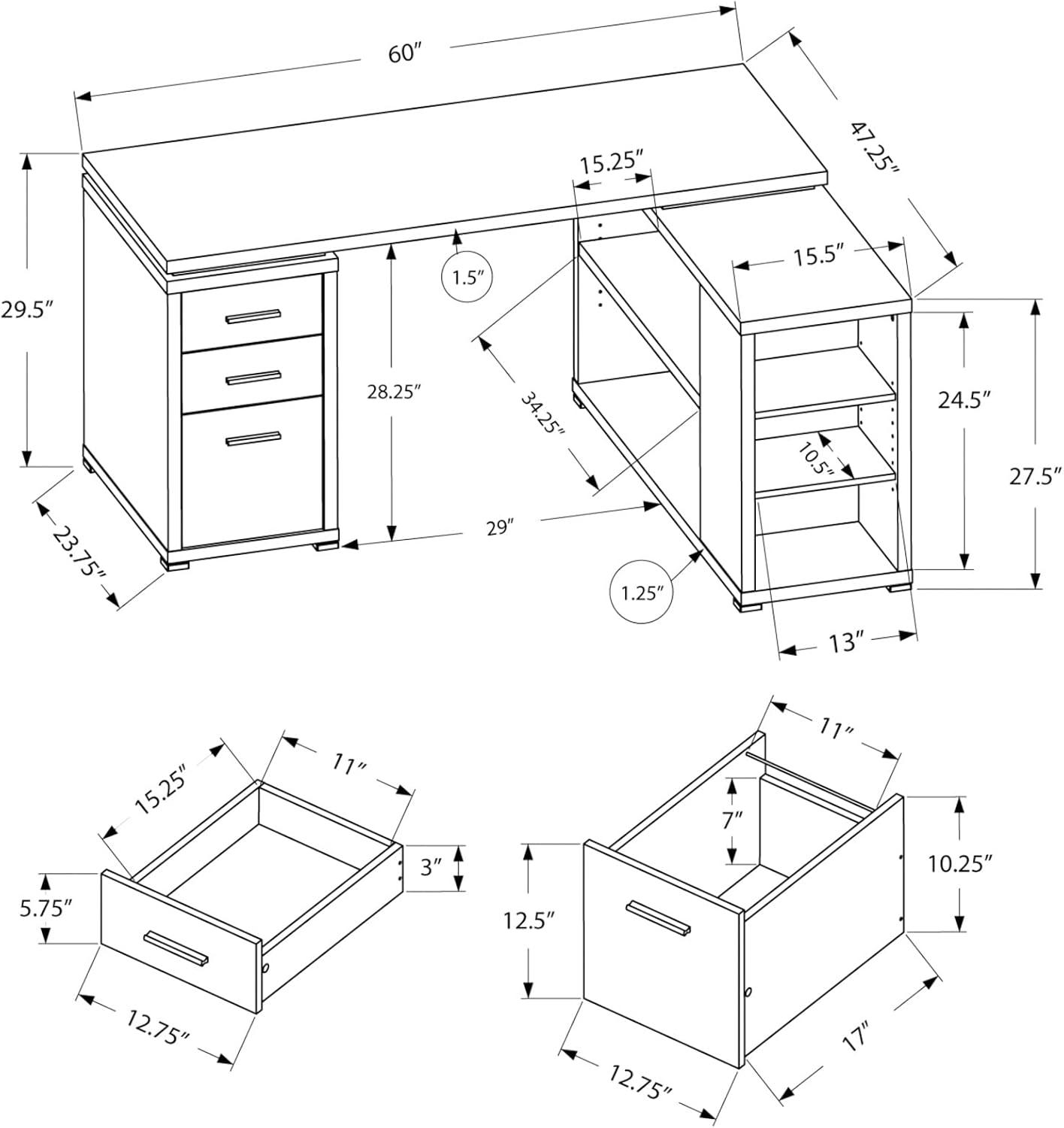 Monarch Specialties Computer Desk L-Shaped, Corner 3 Drawers, 2 Open Shelves, 3 Cubbies, 60"L X 47"W