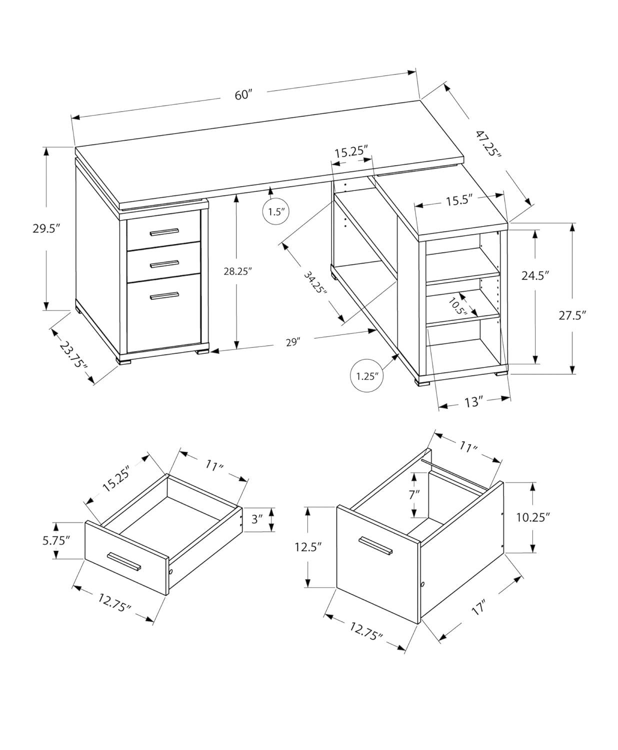 Monarch Specialties Computer Desk L-Shaped, Corner 3 Drawers, 2 Open Shelves, 3 Cubbies, 60"L X 47"W